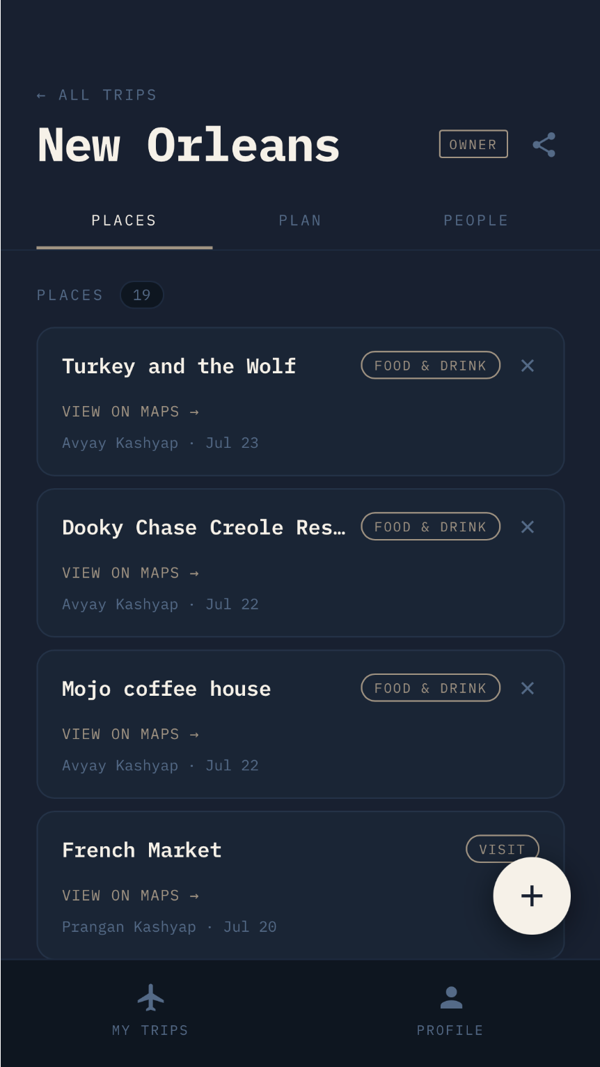 The Places tab of Trip Itinerary