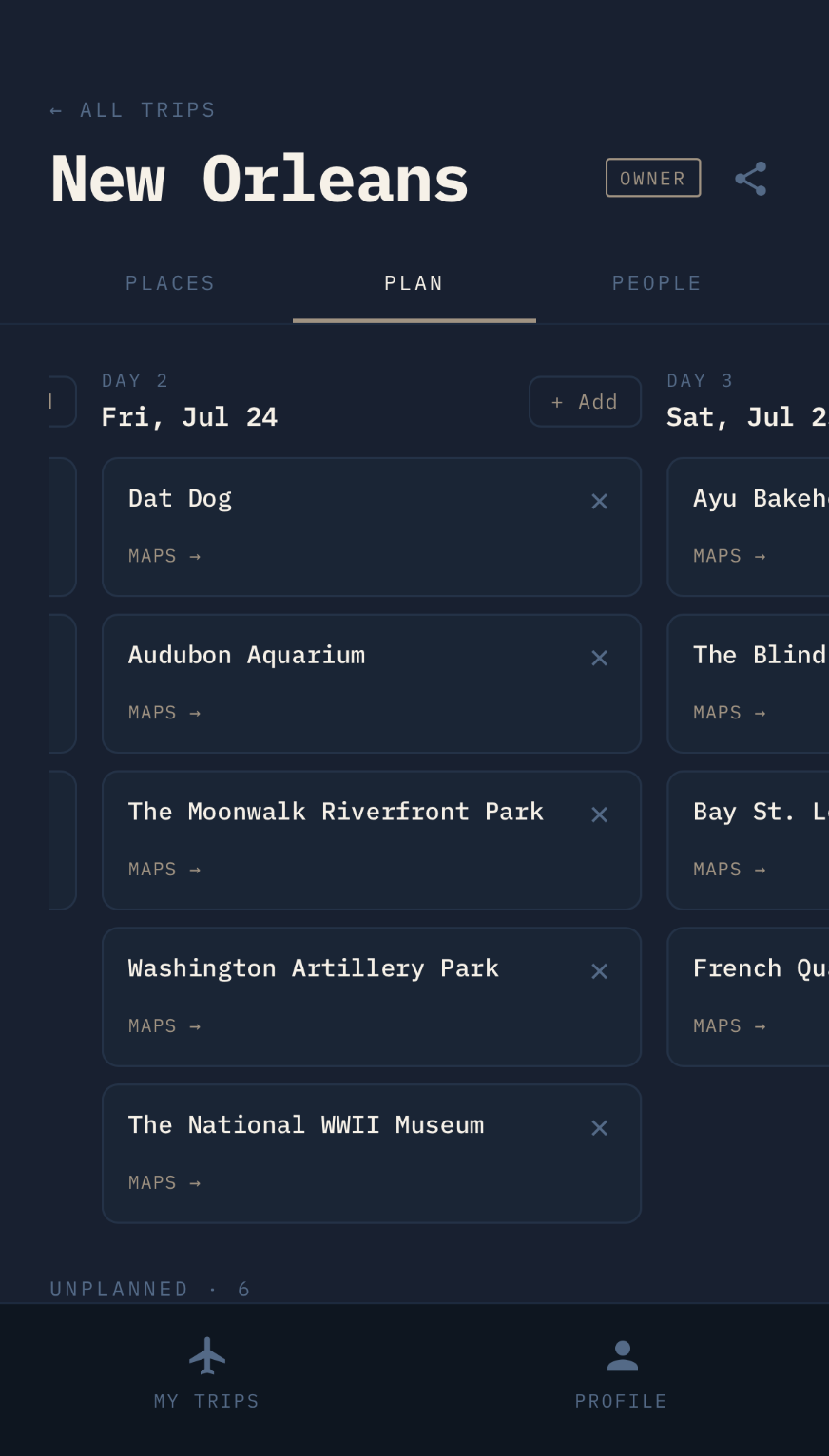 The Plan tab of Trip Itinerary, showing a New Orleans trip laid out by day